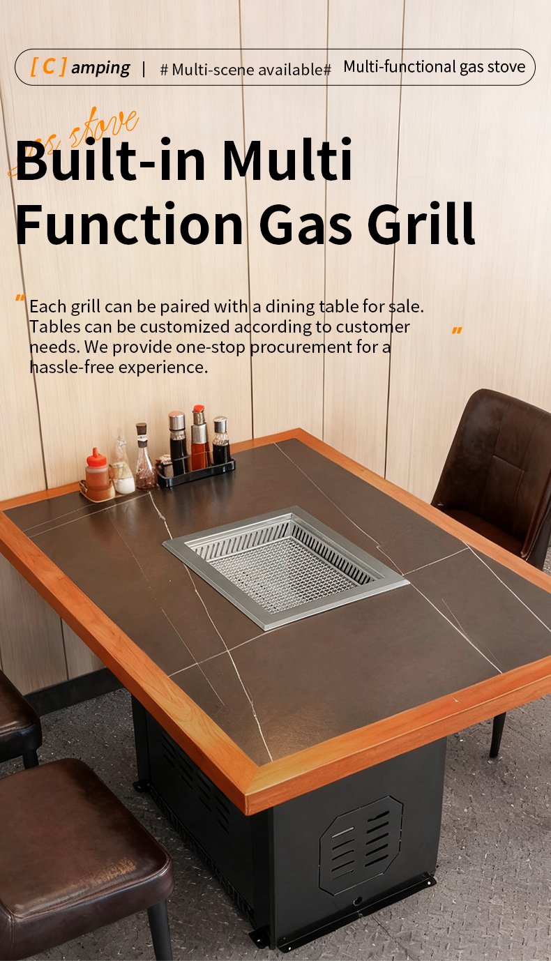 SZY-455 commercial square built-in multi-function gas grill with solid wood trim dining table, customizable table set for restaurant barbecue and hot pot catering equipment