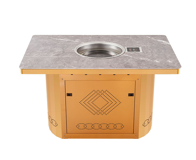 JHD-360B built-in electric hot pot and grill table with gold metal base and grey marble stone tabletop, commercial restaurant dining table for hot pot and barbecue catering