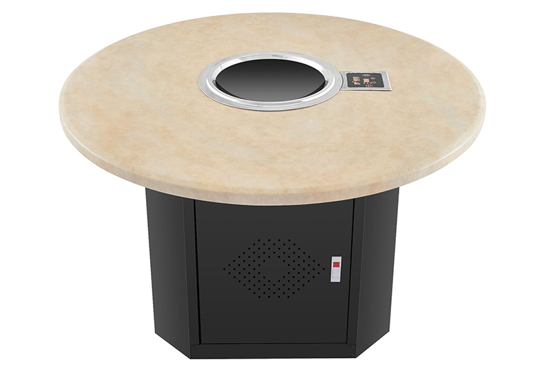 JHD-420E concave heating plate touch control ceramic cooker, round beige marble tabletop dining table with black base, built-in recessed design for commercial hot pot and stir-fry restaurant catering