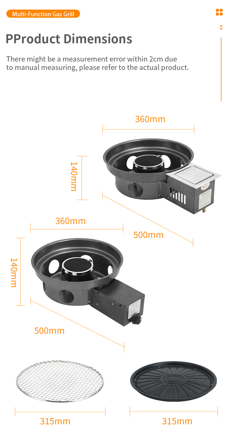 SZY-360B commercial gas grill product dimensions diagram, 360mm body with 315mm grill grate and cooking plate for restaurant catering equipment
