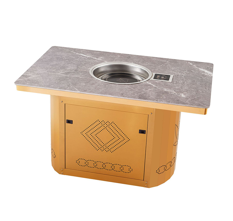 JHD-360B Angled view of commercial built-in electric hot pot table with gold base and grey stone tabletop, recessed design for clean and tidy restaurant dining experience
