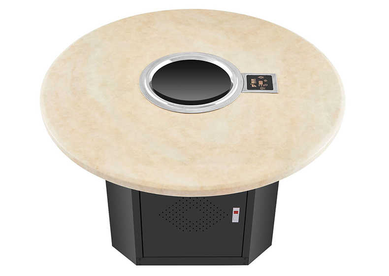 JHD-420E commercial concave ceramic cooker table, top view of round beige stone tabletop with empty recessed heating zone, side touch control panel for restaurant catering equipment