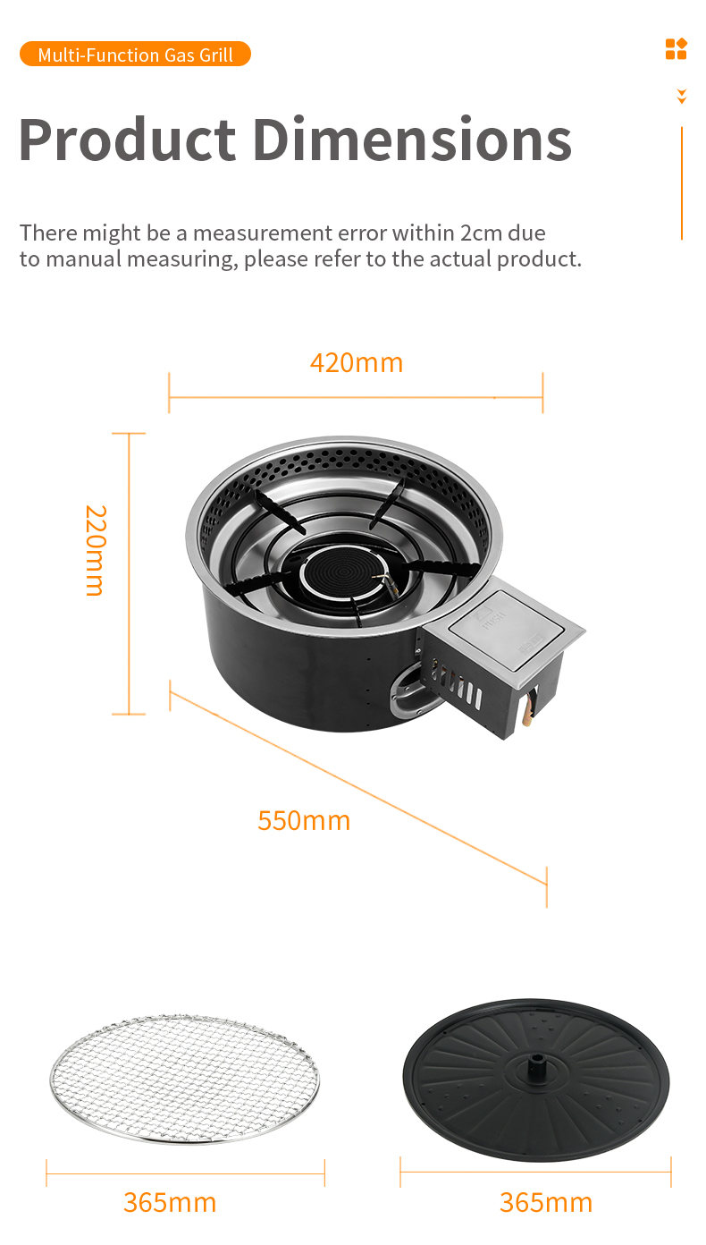 SZY-420C 420 gas grill product dimensions diagram, 550x420x220mm overall size with 365mm grill net and plate, size reference for commercial built-in installation