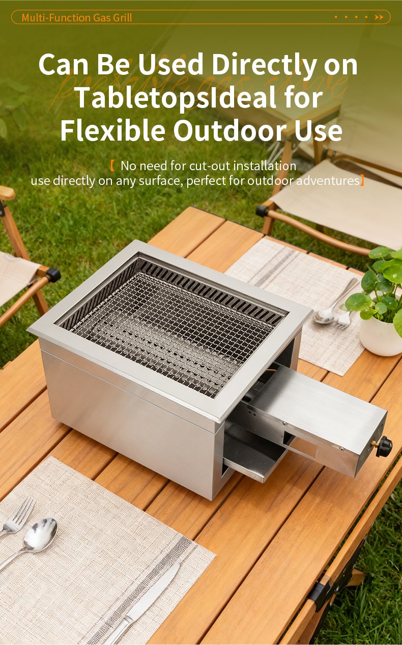 SZY-455 portable tabletop gas grill for outdoor camping, no cut-out installation required, works directly on any surface for flexible outdoor and commercial catering use