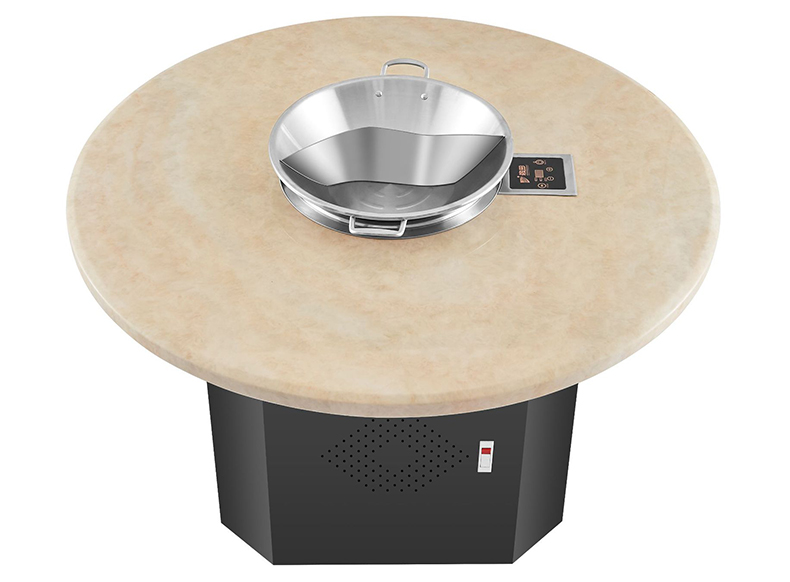 JHD-420E built-in concave electric ceramic cooker table fitted with stainless steel dual-flavor hot pot, round beige dining table for commercial shabu-shabu and hot pot restaurant service