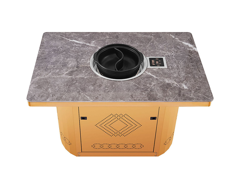 JHD-420D Top view of commercial hot pot table with black dual-flavor clay pot, built-in electric cooker for Chinese style shabu shabu and two-flavor hot pot restaurant