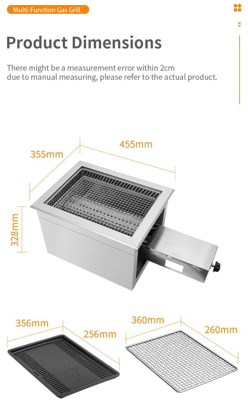 SZY-455 455 gas grill product dimensions diagram, overall size 455x355x328mm, with detailed grill plate and grill net measurements for built-in installation reference