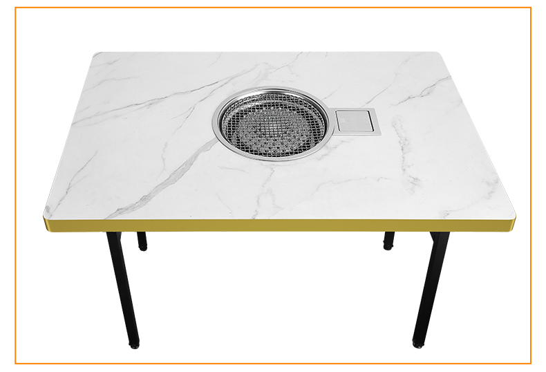 SZY-360B built-in gas grill installed on square marble table top view with grill grate, commercial restaurant BBQ table catering setup