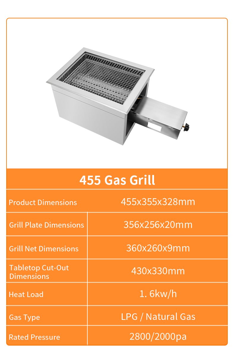 SZY-455 455 gas grill technical specification sheet, 1.6kw/h heat load, compatible with LPG and natural gas, 430x330mm tabletop cut-out for commercial built-in catering