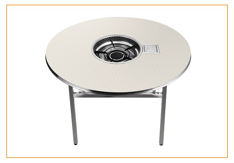 SZY-420C built-in gas grill installed on round dining table top view with burner rack, commercial restaurant tabletop catering setup