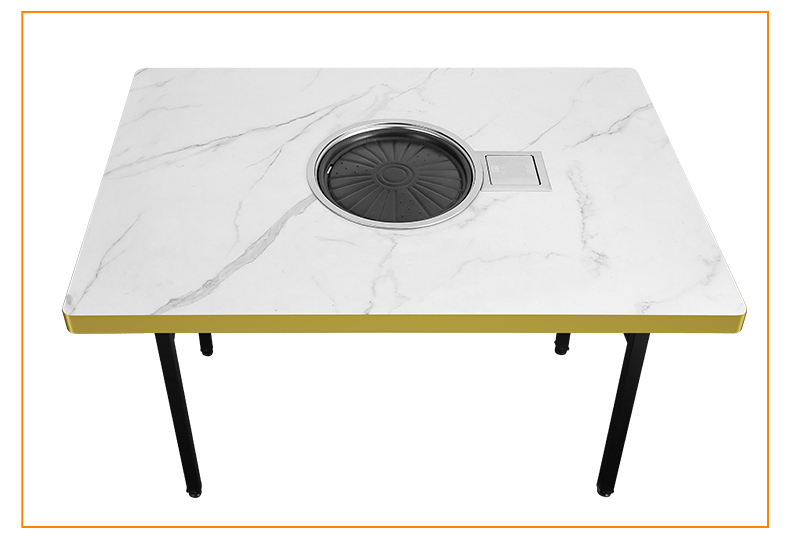SZY-360B built-in gas grill installed on square marble table top view with teppanyaki plate, commercial restaurant catering table setup
