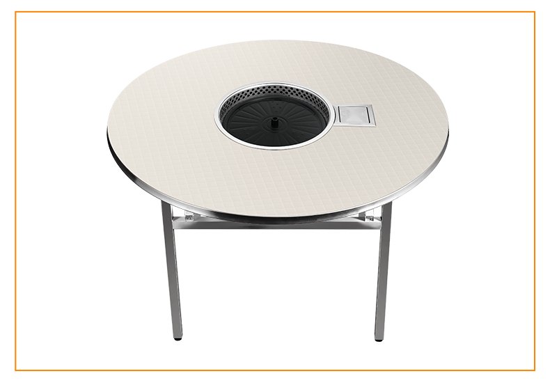 SZY-420C built-in gas grill installed on round dining table top view with teppanyaki plate, commercial restaurant tabletop catering setup