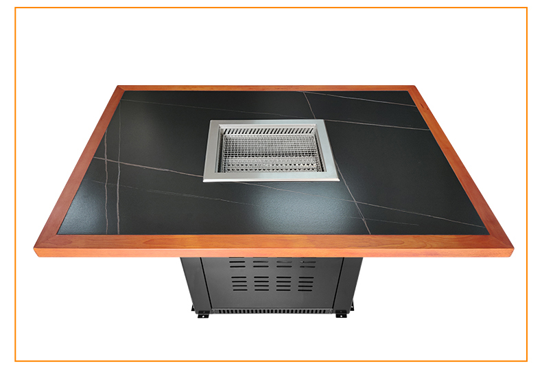 SZY-455 built-in gas grill installed in square dining table with solid wood trim and black stone tabletop, commercial restaurant barbecue table set