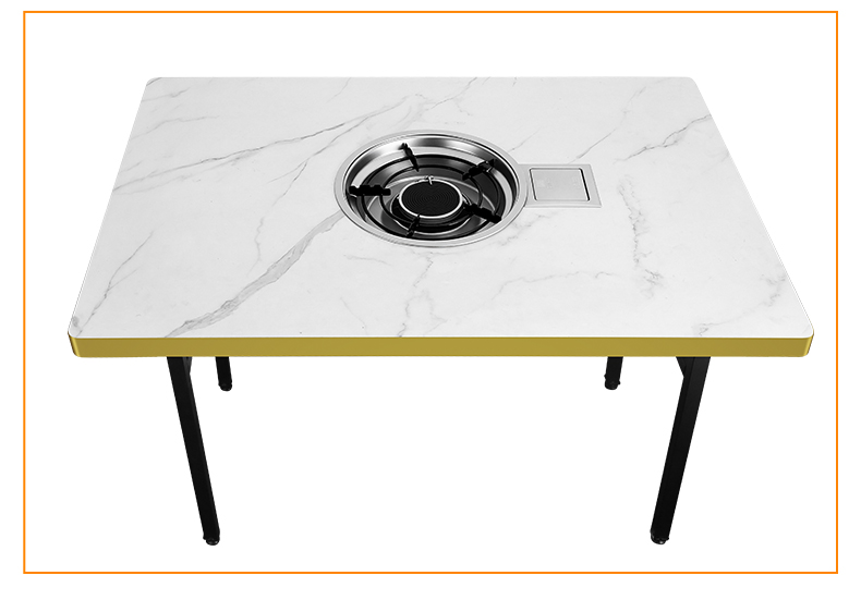 SZY-360B built-in gas grill installed on square marble table top view with hot pot burner, commercial restaurant multi-cuisine catering setup