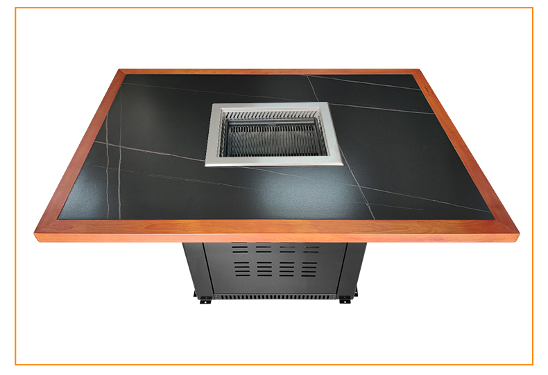 Top view of SZY-455 built-in gas grill embedded in square commercial barbecue table with wood edge trim, seamless recessed design for restaurant dining use