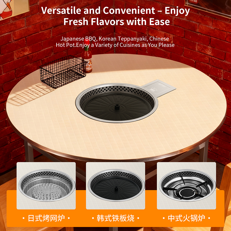 SZY-420C 3-in-1 Multi-function Gas Grill Table Installation, Japanese BBQ Korean Teppanyaki Chinese Hot Pot Dual-use Gas Cooker for Commercial Catering