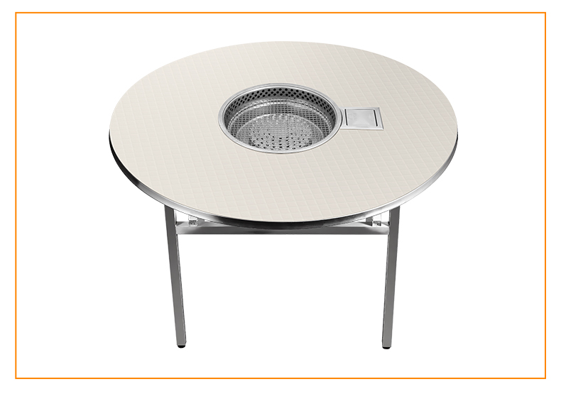 SZY-420C built-in gas grill installed on round dining table top view with grill net, commercial restaurant tabletop barbecue catering setup
