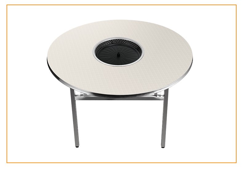 SZY‑420C commercial round grill table with white textured tabletop and folding metal legs for restaurant barbecue dining