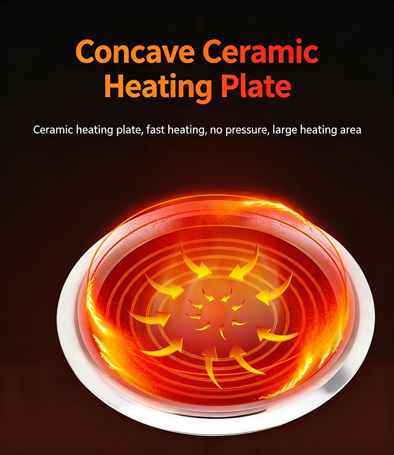 JHD‑400 concave ceramic heating plate heat flow demonstration, large heating area fast heating for commercial wok cooking
