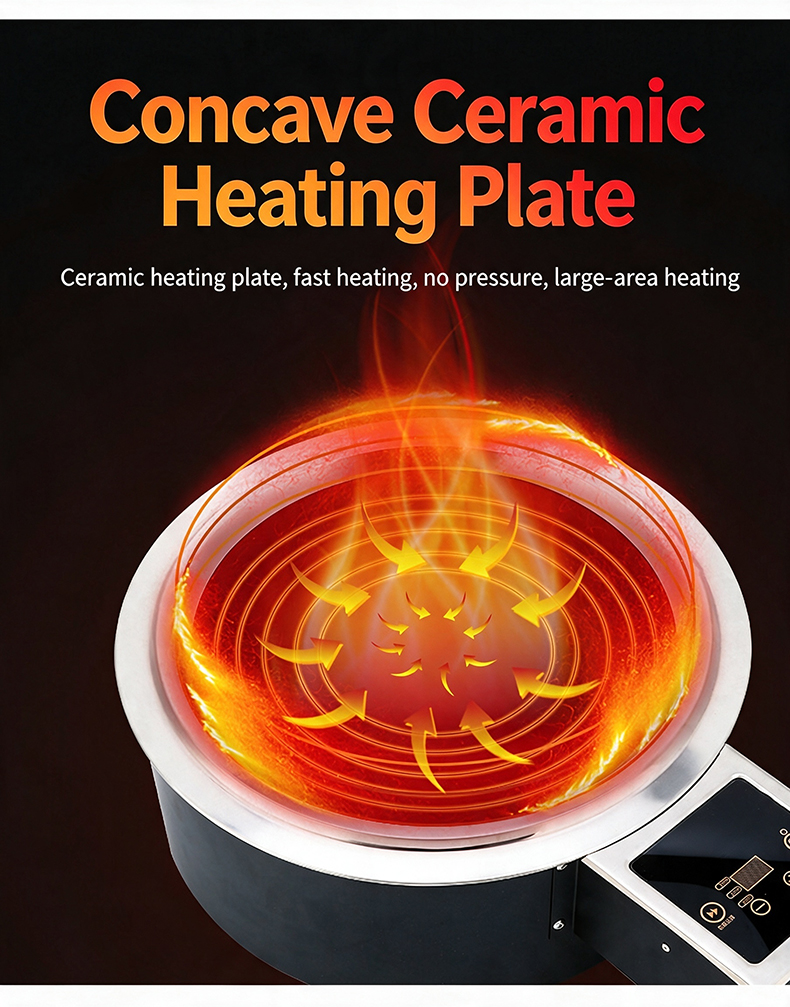 JHD-420E concave ceramic heating plate with large-area heating, fast temperature rise and indirect heat transfer, delivers stable and even heat for various cooking demands