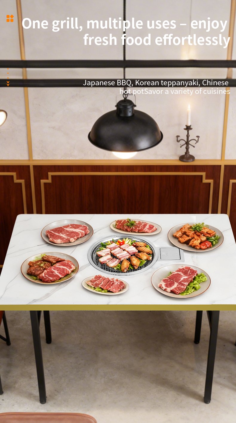 SZY-360B multi-purpose built-in gas grill on marble dining table, serves Japanese BBQ Korean teppanyaki Chinese hot pot for commercial restaurant