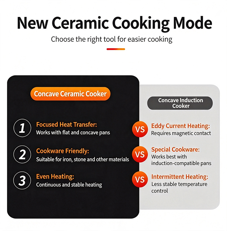 JHD‑400 concave ceramic cooker comparison chart vs induction cooker, cookware friendly stable heating performance