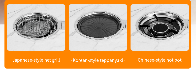 SZY-360B multi-function gas grill with 3 interchangeable cooking modes: Japanese net grill, Korean teppanyaki plate, Chinese hot pot burner