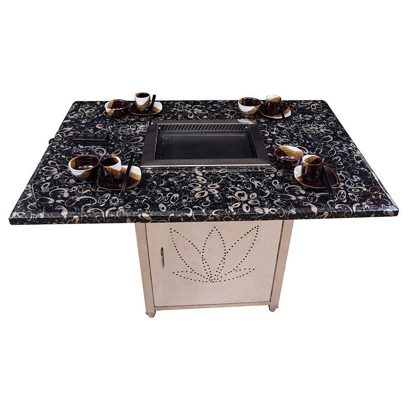SZY-460 Gas Grill Installed on Marble Top Restaurant Dining Table, Commercial Built-in Gas Barbecue Stove with Stainless Steel Cabinet Base