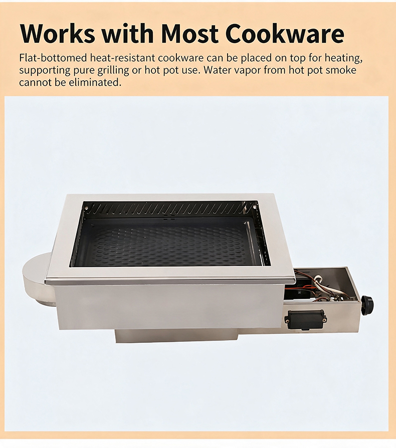 SZY-460 built-in gas grill is compatible with most flat-bottom heat-resistant cookware, supports standalone grilling or hot pot mode for flexible commercial catering