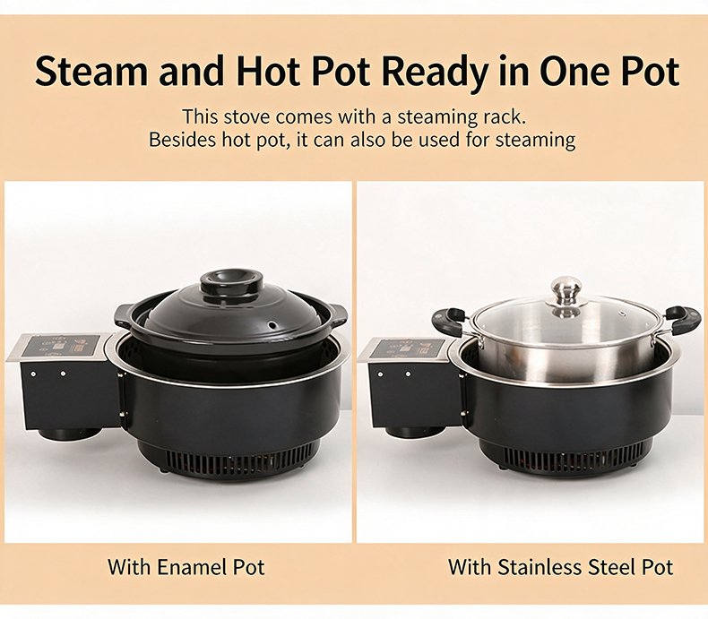 JHD-360B commercial electric stove with steaming rack, supports steam and hot pot in one unit, compatible with enamel pot and stainless steel pot for versatile cooking
