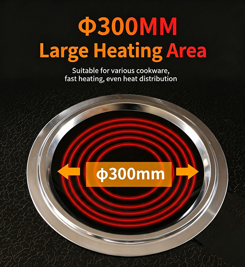 JHD‑400 300mm large concave heating plate close‑up, even heat distribution for commercial electric ceramic cooker
