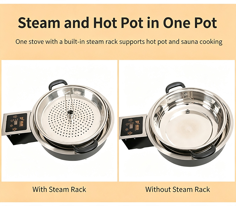 JHD-420D electric stove supports steam and hot pot in one pot, includes built-in steam rack for steaming, boiling and hot pot cooking in commercial kitchens