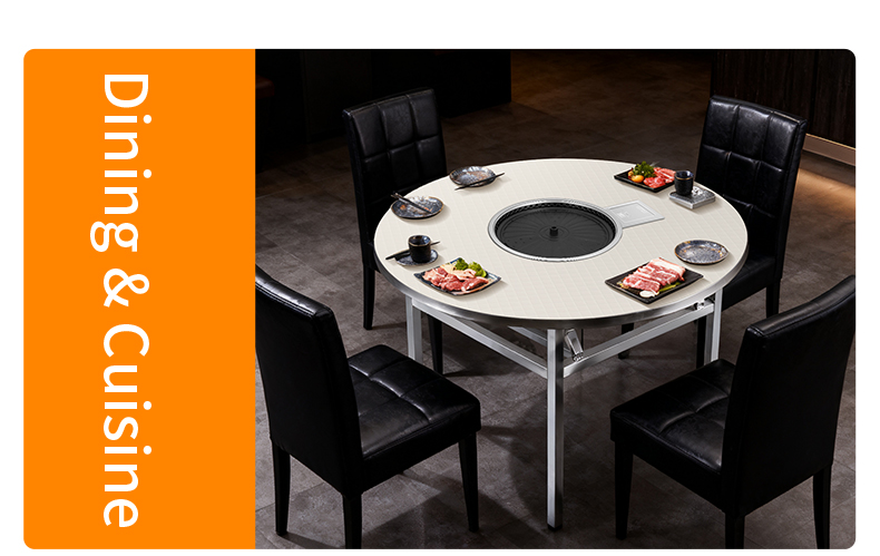 SZY-420C built-in gas grill on modern round dining table with black leather chairs, commercial restaurant dining and cuisine catering equipment