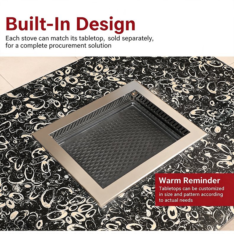 SZY-460 built-in gas grill with recessed installation design, tabletops can be customized in size and pattern to match different restaurant decoration styles
