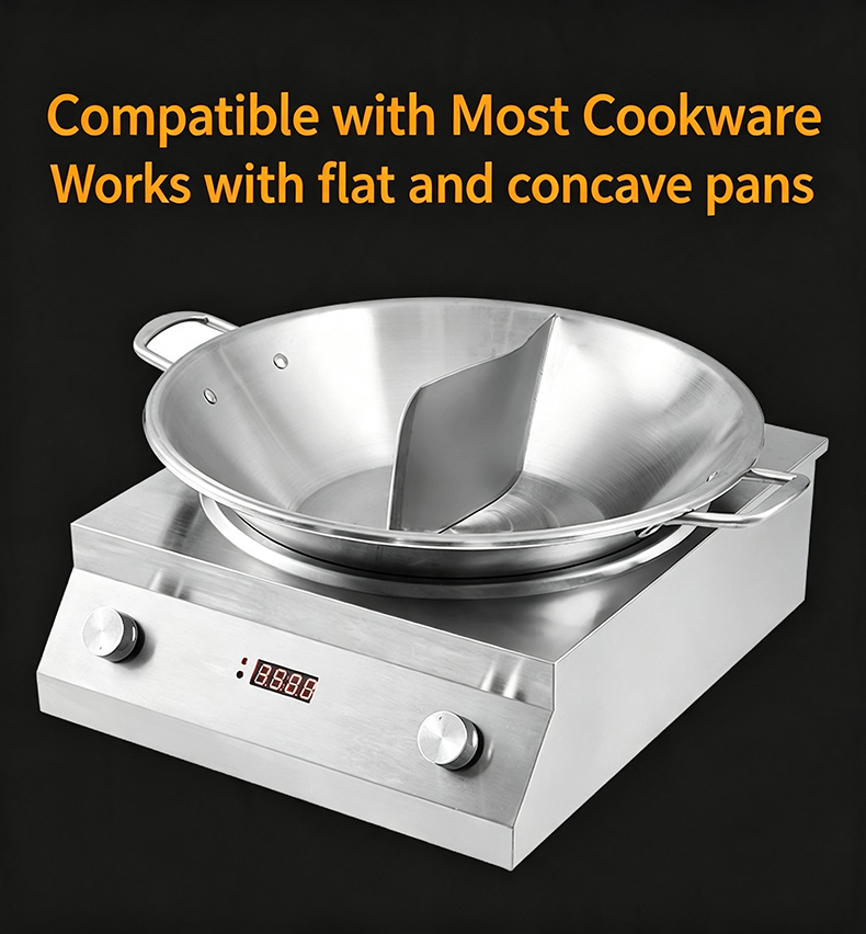 JHD‑400 concave electric ceramic cooker equipped with stainless steel dual‑flavor wok, compatible for flat and concave cookware