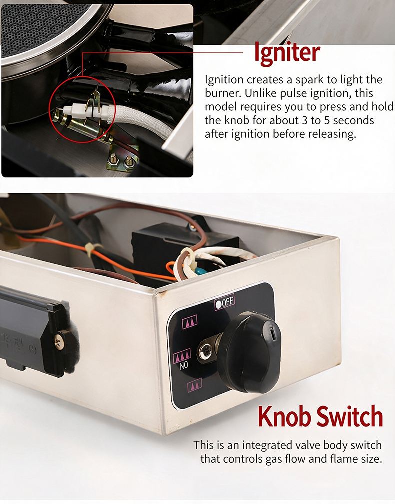 SZY-460 commercial gas grill with press-and-hold igniter and integrated knob switch, controls gas flow and flame size precisely for commercial kitchen operation