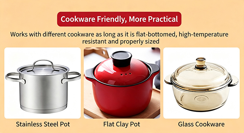 JHD‑400 commercial ceramic cooker compatible cookware display, fit stainless steel pot clay pot and glass cookware