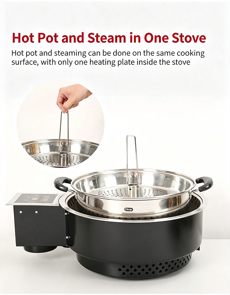 JHD-420D commercial electric stove allows hot pot and steam cooking on the same heating plate, single heating plate design with steam rack for multi-purpose catering
