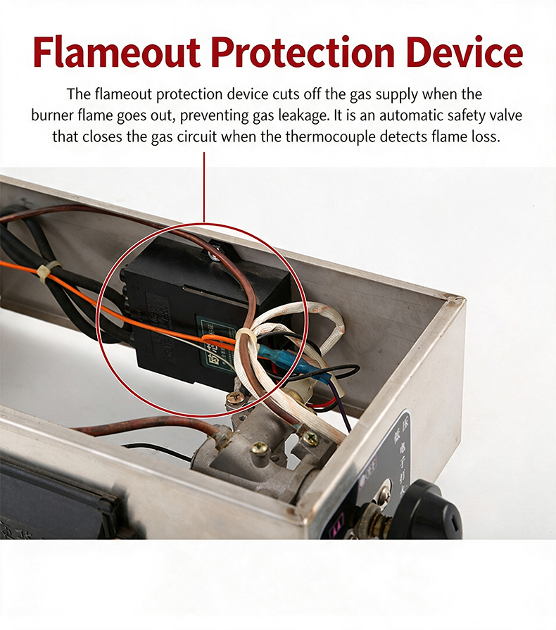 SZY-460 gas grill equipped with flameout protection device, automatically cuts off gas supply when flame is lost to prevent leakage and ensure commercial operation safety