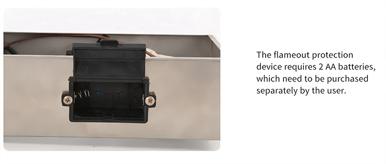 SZY-460 flameout protection system requires 2 AA batteries (purchased separately) to power the safety ignition and gas shut-off mechanism